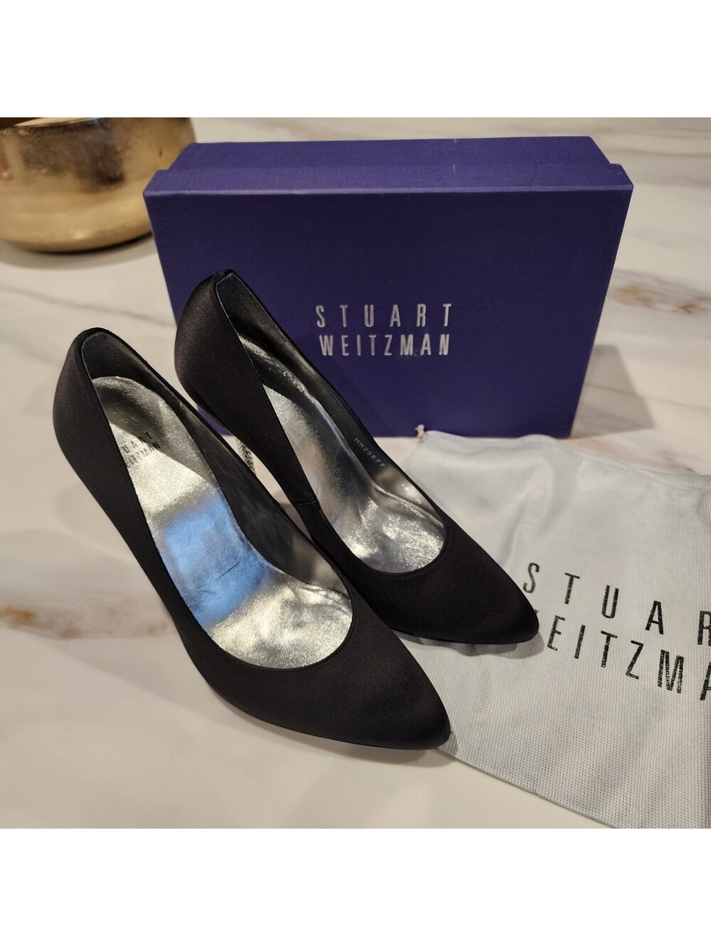 Stuart Weitzman Crystal Heel Black Satin Pumps 10 Box Dust Bag LKNW